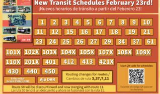 Red and yellow Sun Tran bus poster illustrating routes that will have changes.