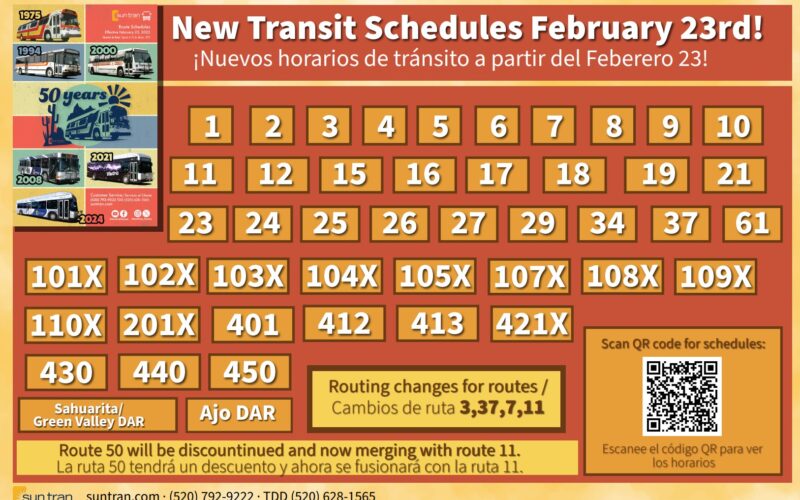 Red and yellow Sun Tran bus poster illustrating routes that will have changes.