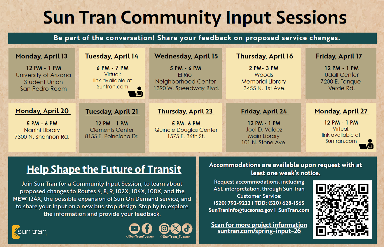Public input meeting poster with meeting days and times