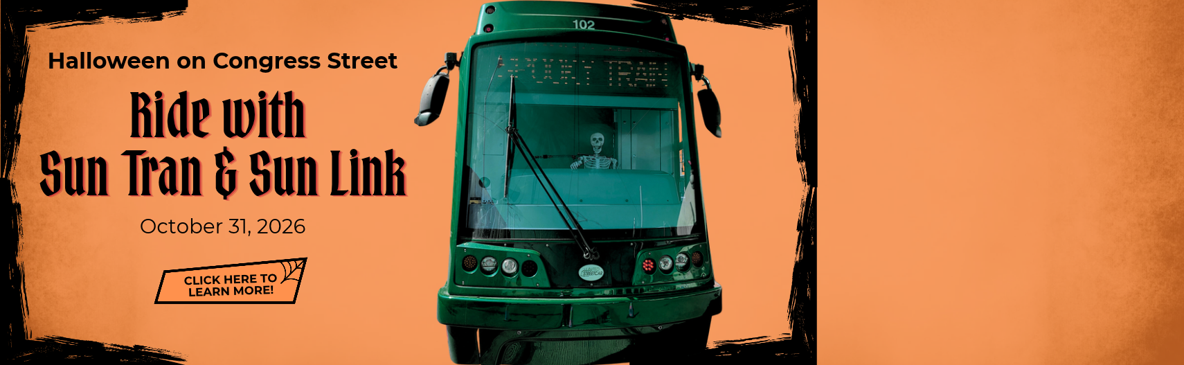 homepage banner image promoting riding public transit on halloween